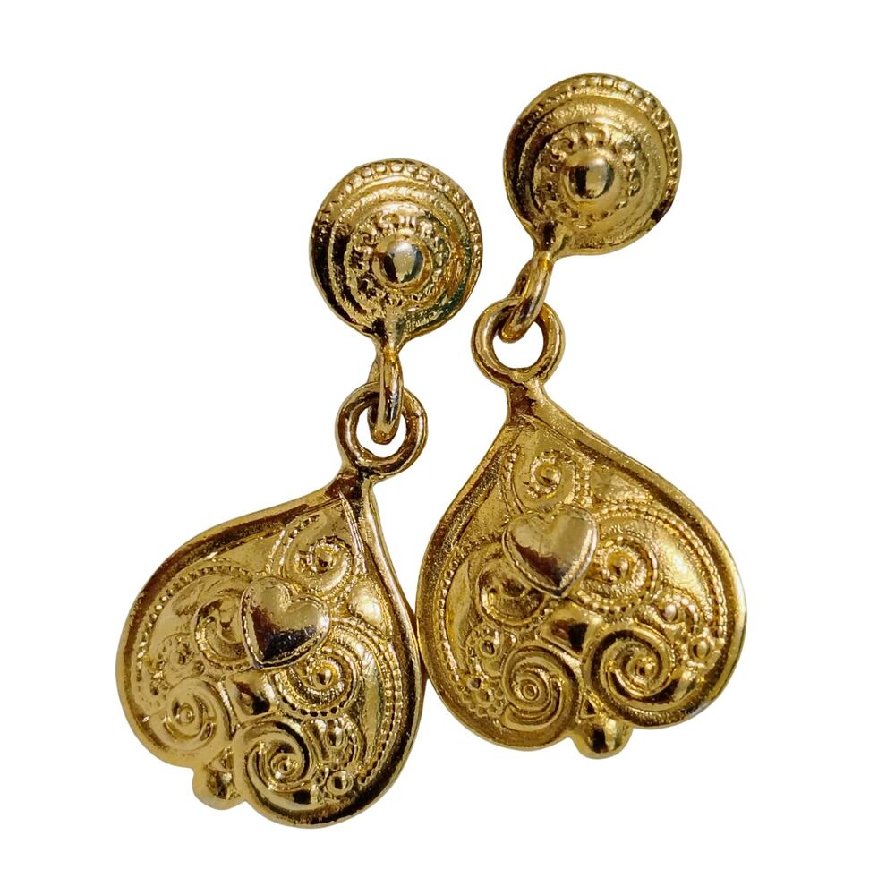 80s Dangling Gold Tone Filigree Teardrop Heart Shape Pierced Bali Style Earrings